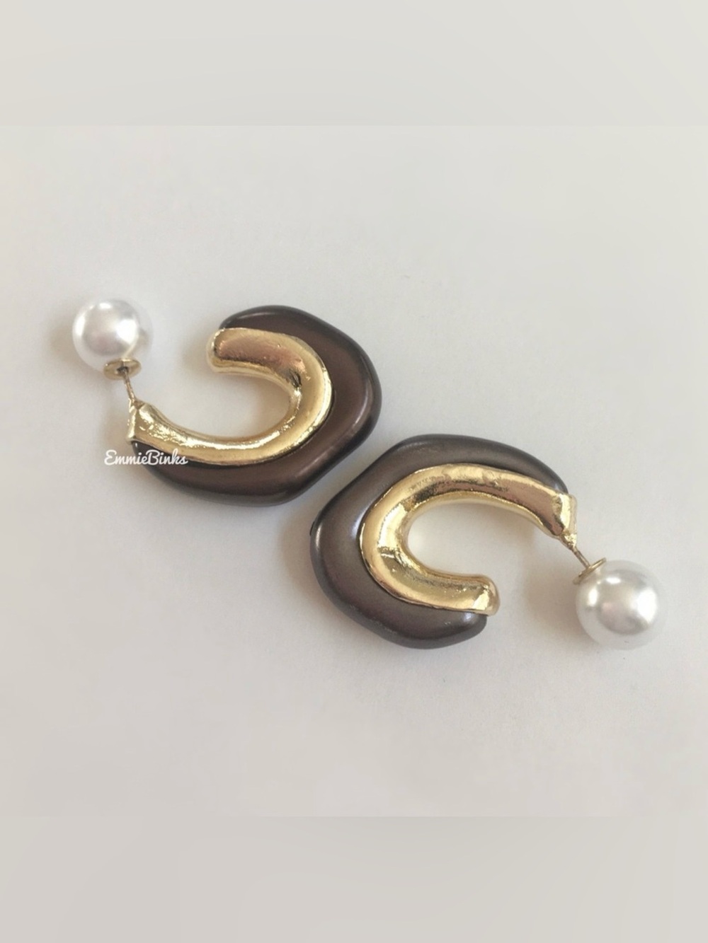 New Anthropologie Pearl Ball Back Hoop Earrings in Brown